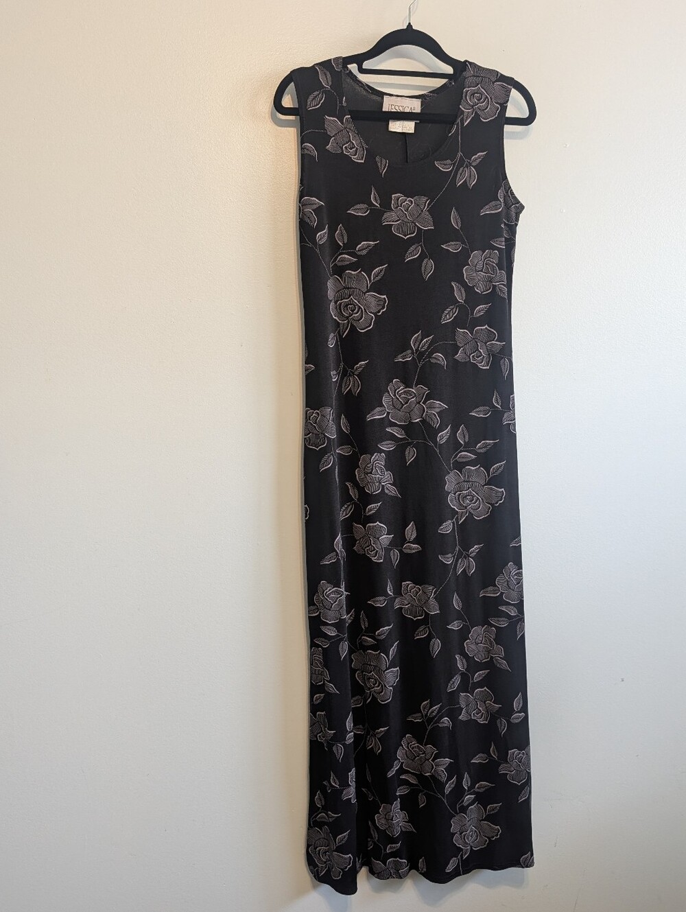 90s Slinky Black Sleeveless Floral Maxi Dress S M 8